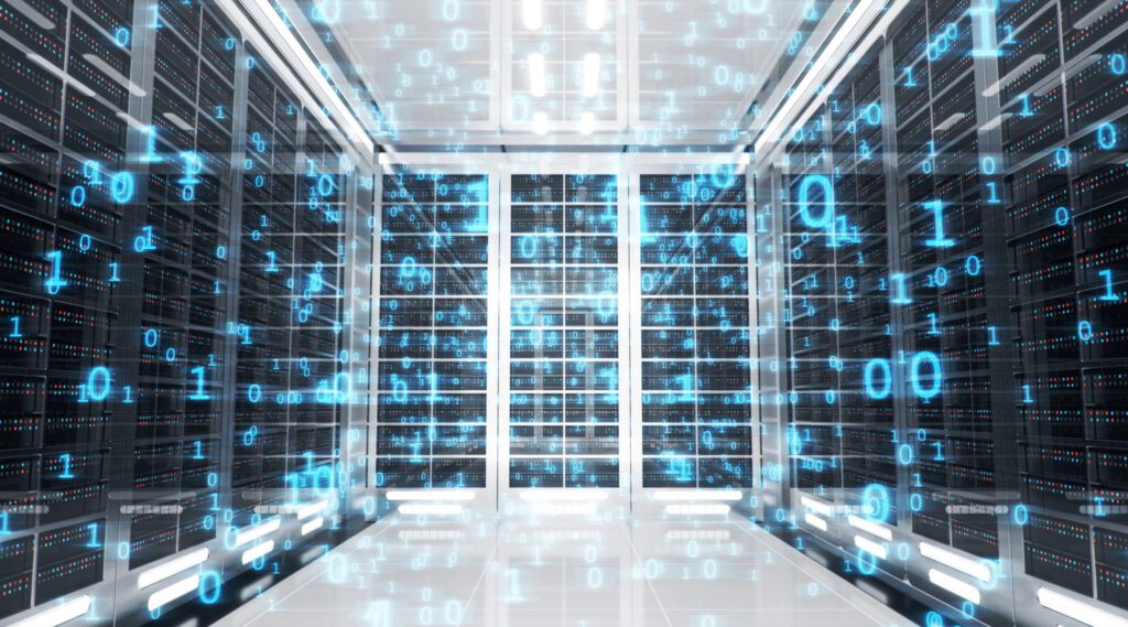 Blue binary numbers over a datacenter corridor