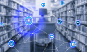 Connected icon symbols on a blurred library background
