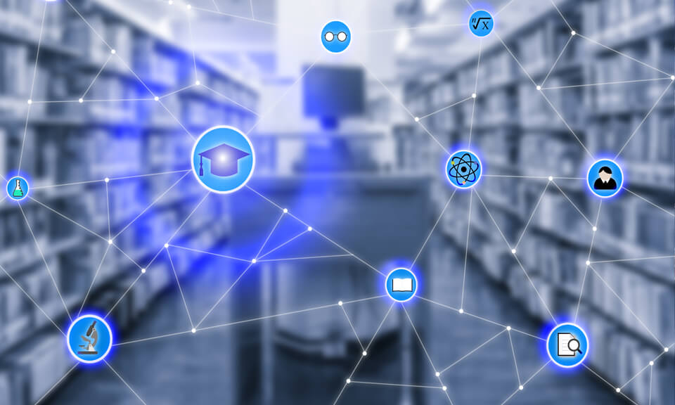 Connected icon symbols on a blurred library background