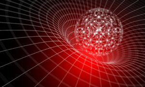 Illustration of a sphere made out of connected light points, above a grid funnel