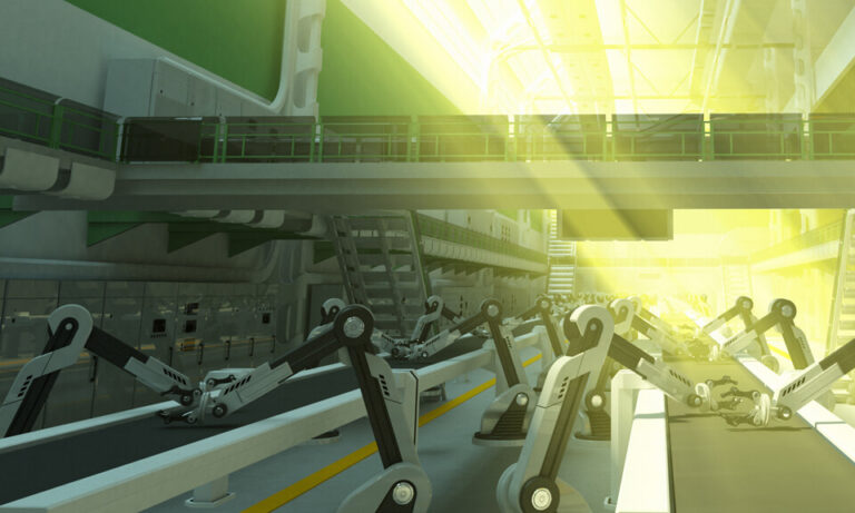 Industrial conveyor belt with robotic assembly line