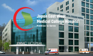 Artists impression of Japan East West Medical College Hospital, with a logo superimposed