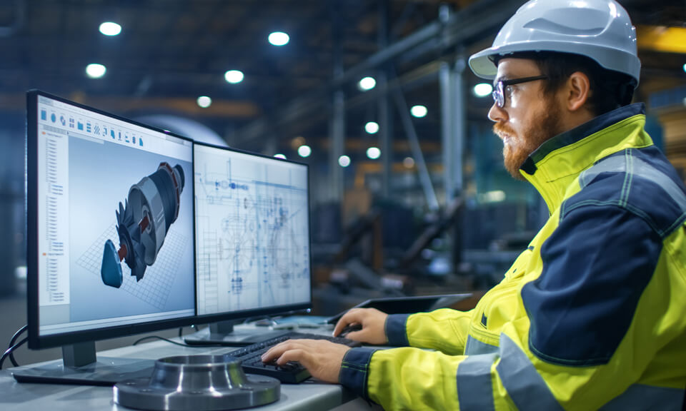 Factory worker working on a computer with 2 screens, in a factory setting