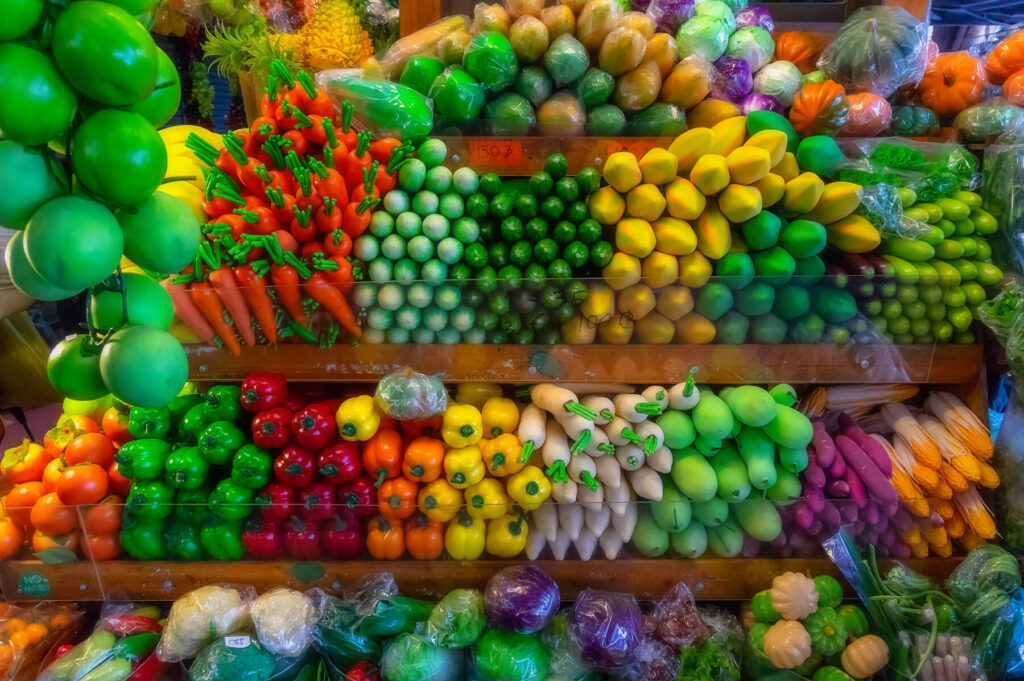 Fruit laid out in racks