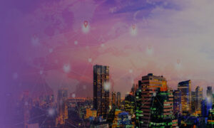 City lanscape with connection points in the gradient pink sky