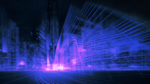 blue outline building sketched against a dark city landscape