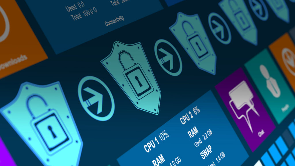 row of shields with padlock inside on an angled screen