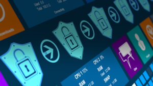 row of shields with padlock inside on an angled screen