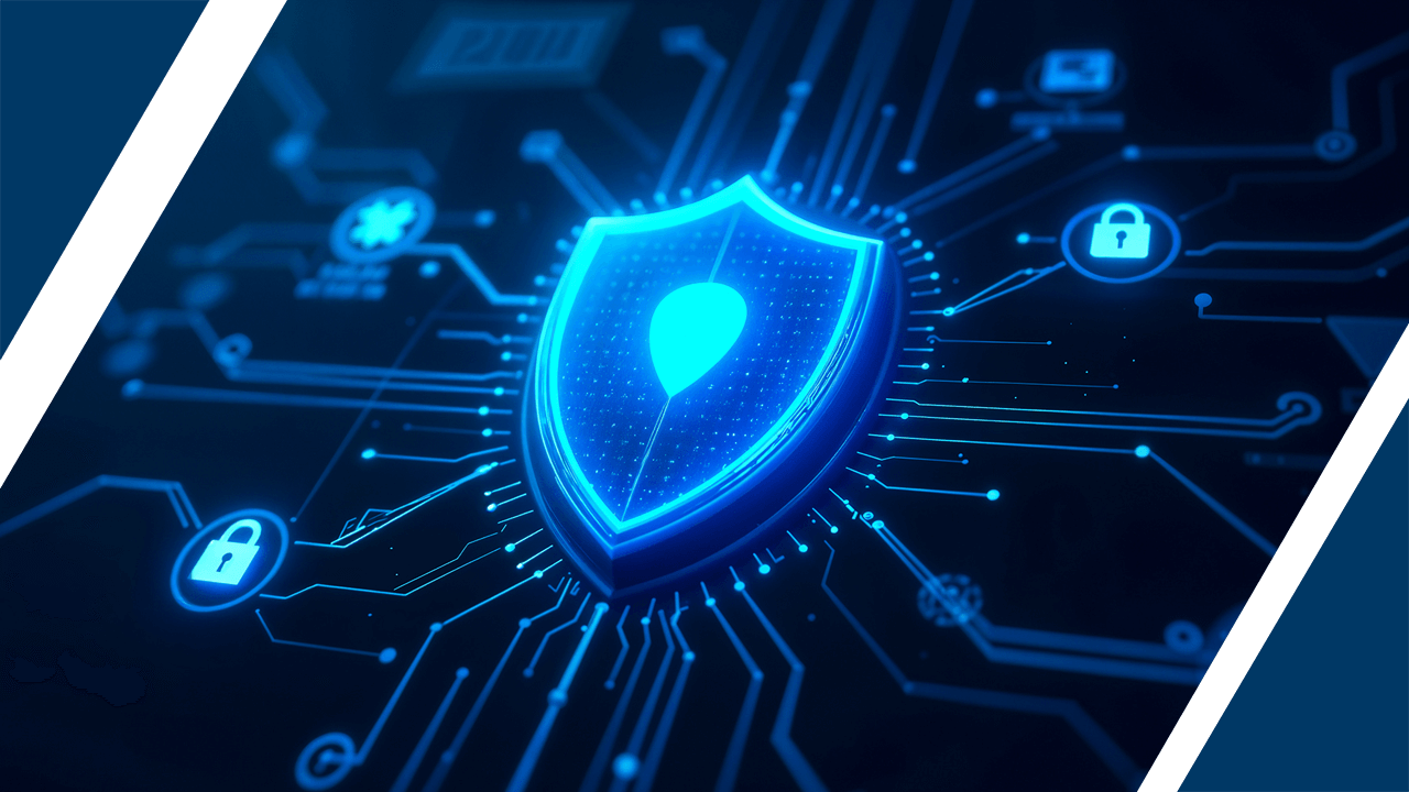 Blue padlock in a shield on a circuit board