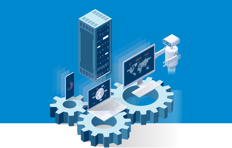 isometric datacentre with robot and cogs